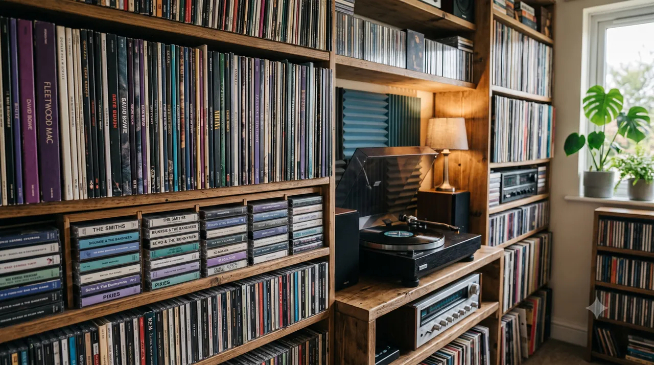 A home music collection with shelves of vinyl records, CDs, cassettes, and a turntable